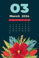 floral Mars 2024 calendrier modèle. avec brillant coloré fleurs et feuilles. vecteur