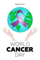 monde cancer conscience journée affiche conception concept. violet ruban sur Terre pour février 4e Arrêtez cancer campagne symbole. vecteur eps impression