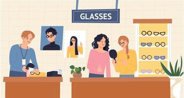 personnes et commis choisissant des lunettes dans un magasin d'opticien. illustration vectorielle de style design plat. vecteur