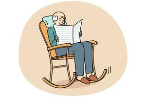 un homme âgé s'assoit dans un fauteuil à bascule en lisant le journal. vieux grand-père aux cheveux gris se détendre dans un fauteuil profiter de la presse. heureuse maturité calme. illustration vectorielle. vecteur