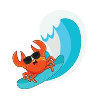 Crabe en jouant surfant dans mer vague illustration vecteur