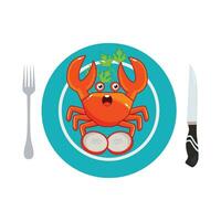 Fruit de mer Crabe dans assiette avec coutellerie illustration vecteur