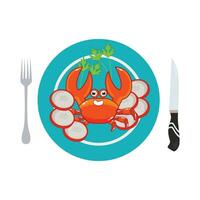 Fruit de mer Crabe dans assiette avec coutellerie illustration vecteur