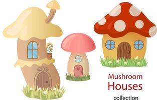 maisons de champignons de dessin animé. collection d'illustrations mignonnes de maisons de champignons avec portes et fenêtres, debout sur l'herbe avec des fleurs. dessins vectoriels de dessin animé isolés sur fond blanc. vecteur