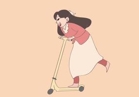 fille heureuse chevauchant son scooter, illustration de conception de vecteur de style dessiné à la main