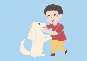 mignon petit garçon joue avec son chien, illustration vectorielle de style dessiné à la main vecteur