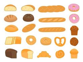 ensemble de dessin animé cuisson Pâtisserie des produits pour boulangerie menu, recette livre. français baguette, seigle pain, entier blé miche de pain, beignet, croissant, griller, levain, pain ciabatta, entier grain. vecteur plat illustration.