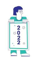 une femme tient une affiche 2022 et célèbre le nouvel an. illustration vectorielle plane, dessin au trait. branché. carte postale. illustration vectorielle vecteur