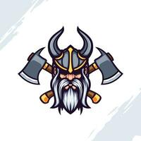 mascotte logo portrait de un vieux Roi portant une cornu viking casque avec franchi axes vecteur