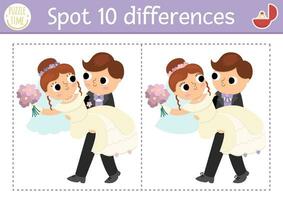 trouver différences Jeu pour les enfants. mariage éducatif activité avec mignonne marié couple. mariage la cérémonie puzzle pour des gamins avec jeune marié porter le sien la mariée. imprimable feuille de travail ou page vecteur