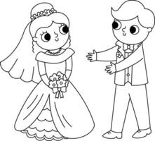 vecteur noir et blanc illustration avec la mariée et jeune marié. mignonne juste marié couple. mariage la cérémonie ligne icône. dessin animé mariage coloration page avec nouvellement marié couple