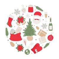 ensemble dessiné à la main du nouvel an. beaucoup d'éléments arbre de Noël, cloches, boule, champagne, cadeaux, guirlande vecteur