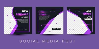 poste de bannière de vente avec fond violet et noir. nouveau produit de promotion de publication de médias sociaux. illustration vectorielle. vecteur