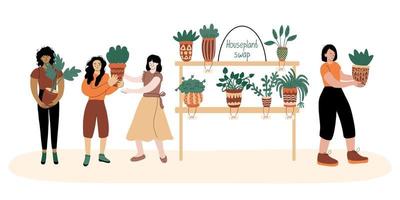 les gens échangent des plantes d'intérieur. différentes femmes sont heureuses avec de nouvelles plantes vecteur