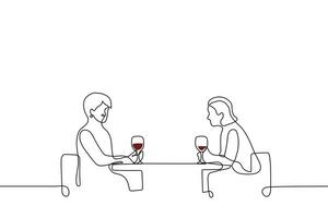 deux femmes asseoir contraire chaque autre avec des lunettes de rouge du vin dans leur mains - un ligne dessin vecteur. meilleur copains avoir une conversation plus de une verre de vin, lesbiennes sur une Date vecteur