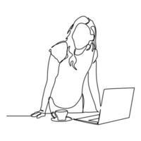 femme à la peau en ligne continue pointant le doigt sur un ordinateur portable pendant le travail vecteur