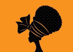 portrait belle femme africaine en turban traditionnel fait main mariage tribal textile à pois, enveloppement de tête kente femmes noires ethniques africaines cheveux bouclés afro silhouette vecteur isolé sur jaune