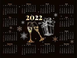 La semaine du calendrier de croquis de nouvel an doré de lettrage de Noël 2022 commence le dimanche. vecteur