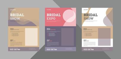 bundle de modèles de conception de flyer expo nuptiale. conception de dépliant d'affiche de mariée décorative. bundle, 3 en 1, modèle a4, conception de brochure, couverture, flyer, affiche, prêt à imprimer vecteur