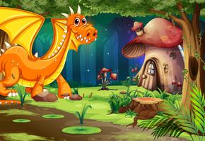Dragon dans la forêt sombre et la maison aux champignons vecteur