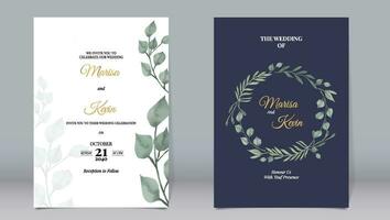 élégant mariage invitation avec aquarelle style eucalyptus feuilles et bleu Contexte vecteur