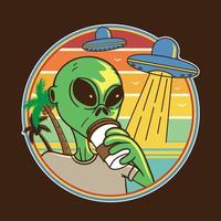 illustration design extraterrestre boire du café à la plage dans un style cartoon plat. bon pour le logo, l'arrière-plan, le tshirt, la bannière vecteur