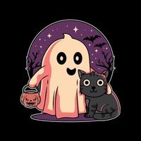 conception d'illustration de chat mignon et festival d'halloween fantôme avec un style plat dessiné à la main sur fond noir. bon pour le logo, l'arrière-plan, le tshirt, la bannière vecteur