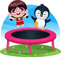 heureuse jolie fille et pingouin jouant au trampoline vecteur