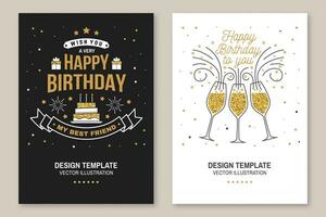 content anniversaire à toi. timbre, autocollant, carte avec Champagne des lunettes et gâteau avec bougies. vecteur. ancien typographique conception pour faire-part, anniversaire fête emblème dans rétro style vecteur