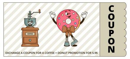 froussard sensationnel dessin animé personnage café, donat promotion cadeau coupon. ancien marrant mascotte pièce psychédélique sourire, émotion. conception art pour café, bar, restaurant. bande dessinée branché vecteur illustration Années 90