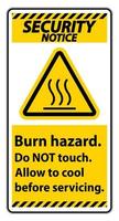 Avis de sécurité sécurité des risques de brûlure, ne pas toucher le signe de l'étiquette sur fond blanc vecteur