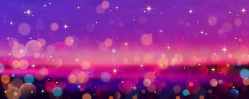 violet Contexte avec bokeh et briller. d'or briller et étoiles scintille sur pinky nuit ciel. brillant lueur rêver fond d'écran. vecteur illustration