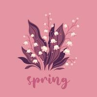 printemps carte ou affiche avec fleurs de lys de le vallée dans rose tons. vecteur graphique.