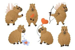 ensemble de amusement main tiré capybaras avec émotions et cœurs. st valentines journée concept. mignonne plat animal dessin animé personnages avec émotions et sentiments. isolé ensemble sur blanc Contexte. vecteur