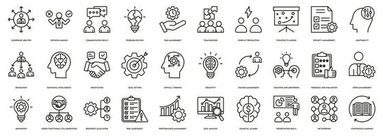 la gestion compétences icône ligne ensemble vecteur illustration. direction capacités, la prise de décision ,communication compétences, problème résoudre, équipe bâtiment, conflit résolution, stratégique Planification