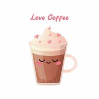 une tasse de café dans une dessin animé style avec crème et décoré avec cœurs. mignonne dessin animé café sur une valentines journée vecteur