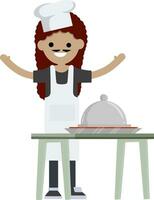 femme dans blanc tablier prépare aliments. table avec assiette et savoureux. élément de café et restaurant. femme au foyer dans casquette cuisinier sucré tarte. dessin animé plat illustration. travail de chef et serveur vecteur