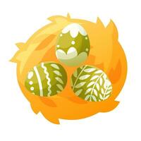 Trois Pâques vert des œufs avec motifs dans une nid fabriqué de paille, Haut voir. dessin animé nid avec peint des œufs sur une blanc Contexte. vecteur illustration. modèle pour conception sur un Pâques thème.