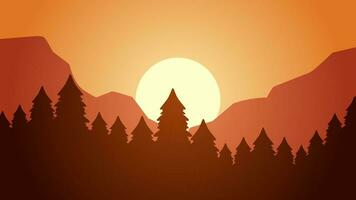 pin forêt paysage vecteur illustration. silhouette de conifère forêt avec le coucher du soleil ciel. pin forêt paysage pour arrière-plan, fond d'écran ou illustration