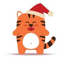 mignon petit chat tigre orange dans un style plat. le symbole du nouvel an chinois 2022. animal avec un bonnet de noël. le tigre joyeux est debout. pour bannière, décor de pépinière. illustration vectorielle. vecteur