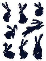 le silhouette de lapins avec longue oreilles. Pâques lapins et lapins dans différent mouvement pose. sauter lièvre, séance lièvre, mensonge lièvre vecteur