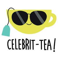 mignonne dessin animé une tasse de thé portant Soleil des lunettes célébrité vecteur