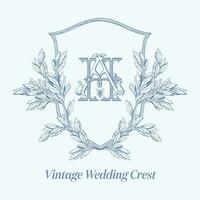 mariage crête avec ah initiale ancien monogramme. antique texte logo avec abeille vecteur illustration.