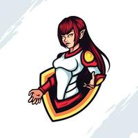mascotte logo de femelle héros avec longue rouge cheveux portant blanc costume vecteur