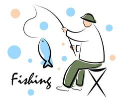 une pêcheur sur une pêche voyage pris une poisson. vecteur illustration dans griffonnage style