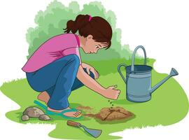 mignonne fille en mettant des graines dans sol avec l'eau arroseur et bêche conservé sur le côté vecteur