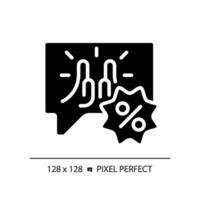 2d pixel parfait glyphe style bulle message et remise icône, isolé noir vecteur, silhouette illustration représentant remises. vecteur