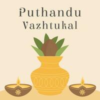 puthandu vajtukal vacances Tamil Traduction content Nouveau an. ougandais ou diwali Sud Inde sri lanka festival. offre diya pétrole lampe dans argile pot sur foncé Contexte. traditionnel religieux fête. vecteur