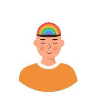 Masculin content personnage avec montessori style arc en ciel sur tête vecteur plat. lgbt homme ou femme avec proche yeux dans orange. positif en pensant concept, soi se soucier. gay personne. hippie culture. méditation.