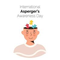 international Asperger conscience journée carte. souriant la personne visage avec coloré puzzle pièces dans le sien diriger. les enfants avec autisme désordre. social difficulté. mental invalidité. vecteur affiche. illustration